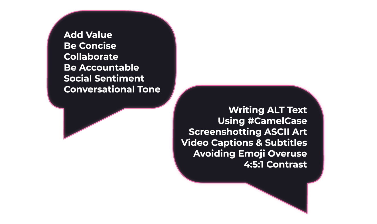 Two chat bubbles that list out the following terms: "Add Value, Be Concise, Collaborate, Be Accountable, Social Sentiment, Conversational Tone, Writing ALT Text, Using #CamelCase, Screenshoting ASCII Art, Video Captions & Subtitles."